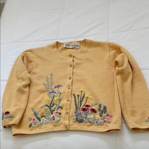 Orvis Women's Mustard Floral Embroidered Cardigan. Perfect for Spring.